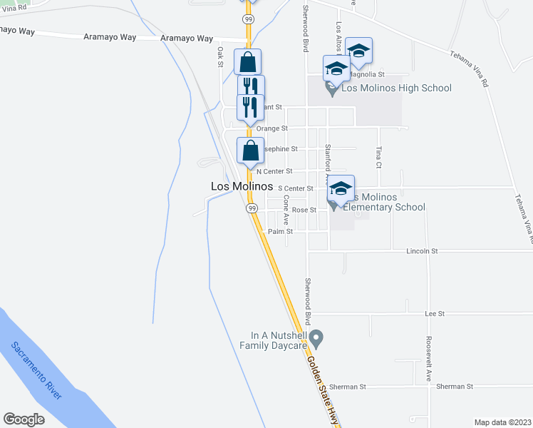 map of restaurants, bars, coffee shops, grocery stores, and more near 7702 Molinos Avenue in Los Molinos