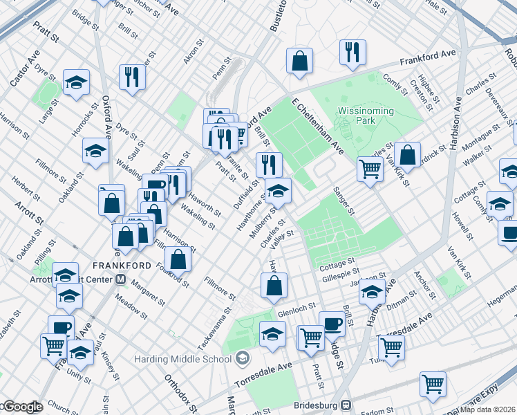 map of restaurants, bars, coffee shops, grocery stores, and more near 5201 Hawthorne Street in Philadelphia