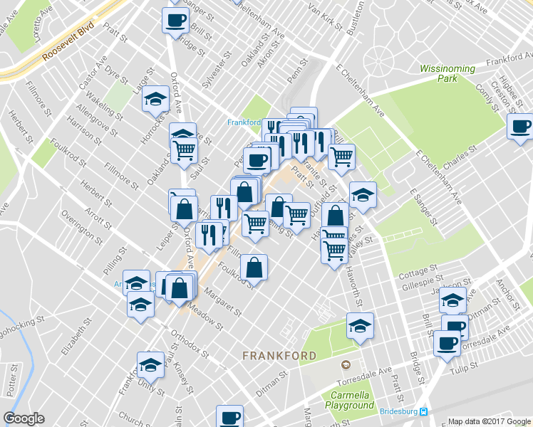 map of restaurants, bars, coffee shops, grocery stores, and more near 1623 Wakeling Street in Philadelphia