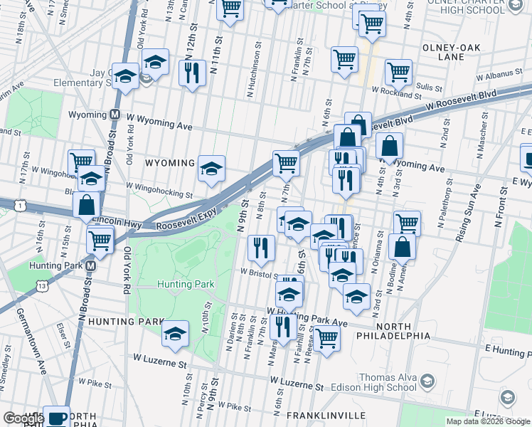 map of restaurants, bars, coffee shops, grocery stores, and more near 4440 North 8th Street in Philadelphia