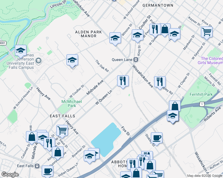 map of restaurants, bars, coffee shops, grocery stores, and more near 3001 West Queen Lane in Philadelphia