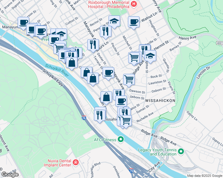 map of restaurants, bars, coffee shops, grocery stores, and more near 114 Salaignac Street in Philadelphia