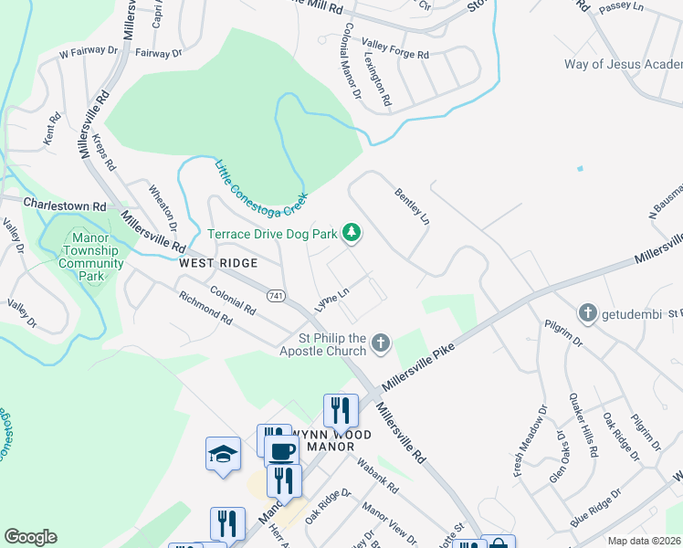 map of restaurants, bars, coffee shops, grocery stores, and more near 100 Country View Lane in Millersville