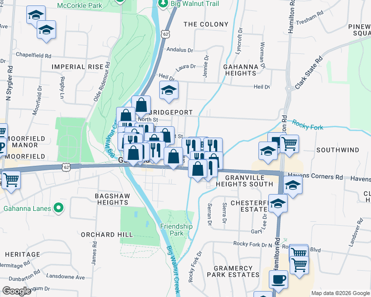 map of restaurants, bars, coffee shops, grocery stores, and more near 99 Shull Avenue in Columbus