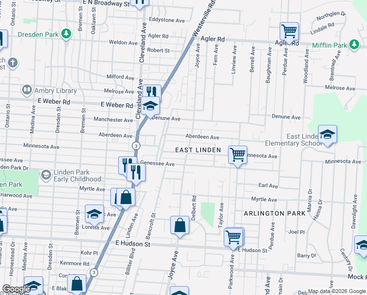map of restaurants, bars, coffee shops, grocery stores, and more near 2567 Joyce Avenue in Columbus