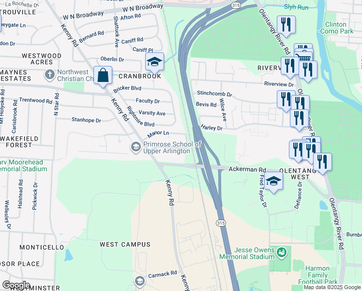 map of restaurants, bars, coffee shops, grocery stores, and more near 922 Chatham Lane in Columbus
