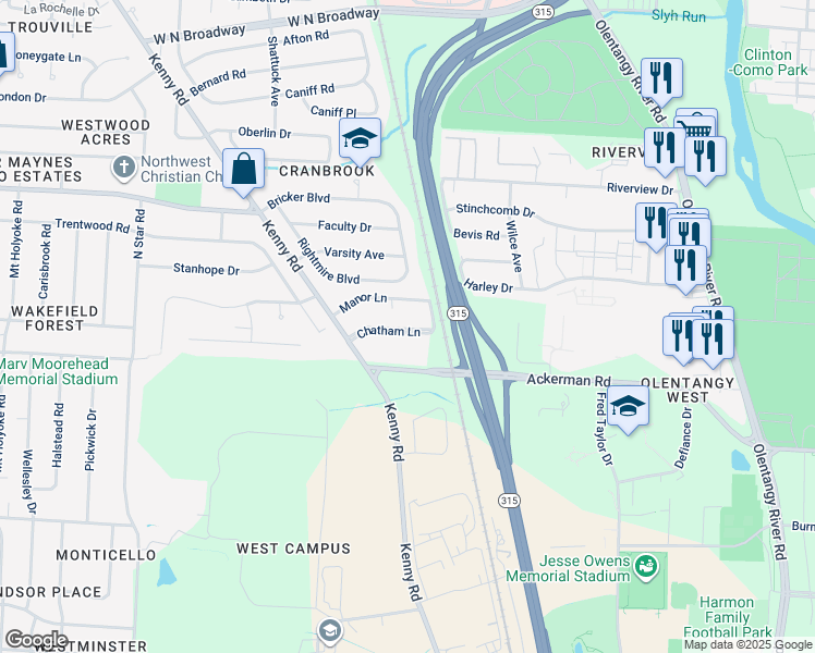 map of restaurants, bars, coffee shops, grocery stores, and more near 922 Chatham Lane in Columbus