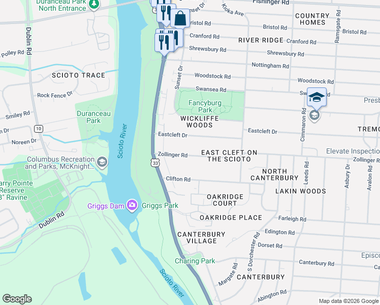 map of restaurants, bars, coffee shops, grocery stores, and more near 2848 Zollinger Road in Columbus