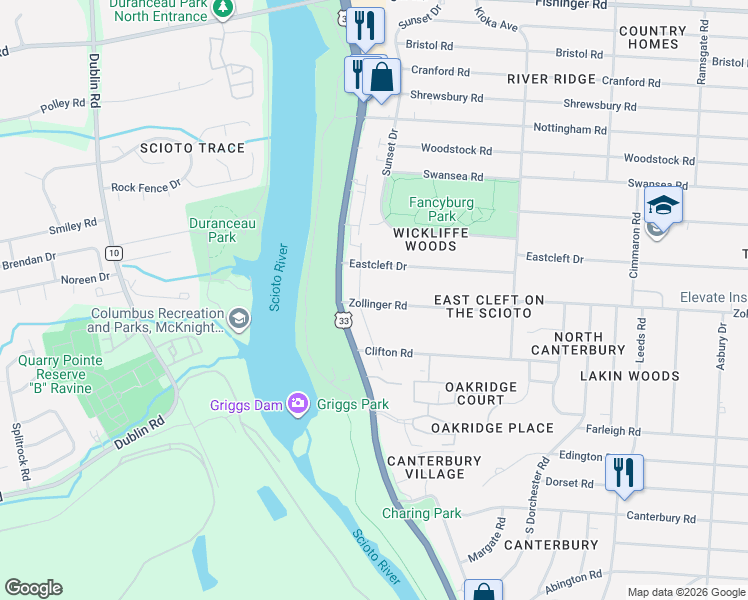 map of restaurants, bars, coffee shops, grocery stores, and more near 2896 Zollinger Road in Columbus