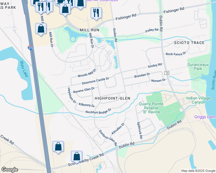 map of restaurants, bars, coffee shops, grocery stores, and more near 3260 Cairngorm Drive in Columbus