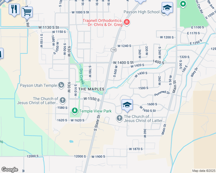 map of restaurants, bars, coffee shops, grocery stores, and more near 1475 Utah 198 in Payson