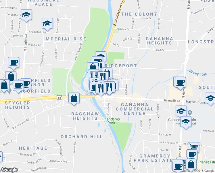 map of restaurants, bars, coffee shops, grocery stores, and more near 94 North High Street in Gahanna