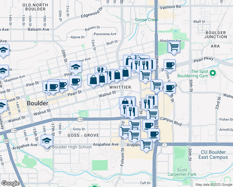 map of restaurants, bars, coffee shops, grocery stores, and more near 2340 Walnut Street in Boulder