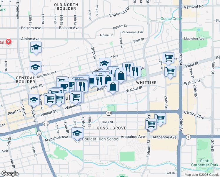 map of restaurants, bars, coffee shops, grocery stores, and more near 2060 Pearl Street in Boulder