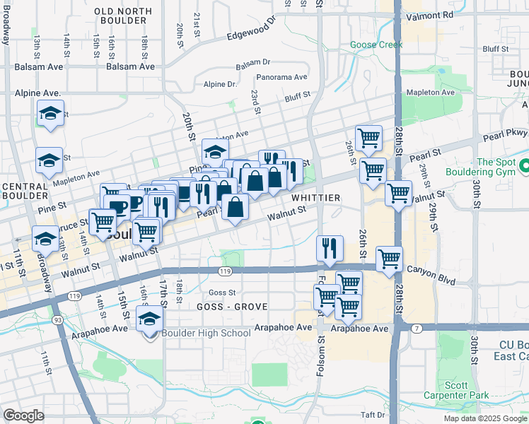 map of restaurants, bars, coffee shops, grocery stores, and more near 1922 22nd Street in Boulder