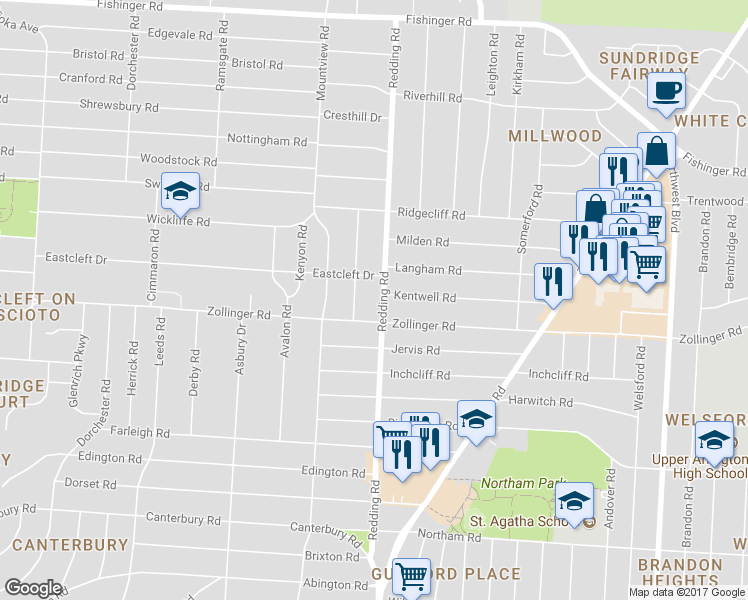 map of restaurants, bars, coffee shops, grocery stores, and more near 3151 Redding Road in Columbus