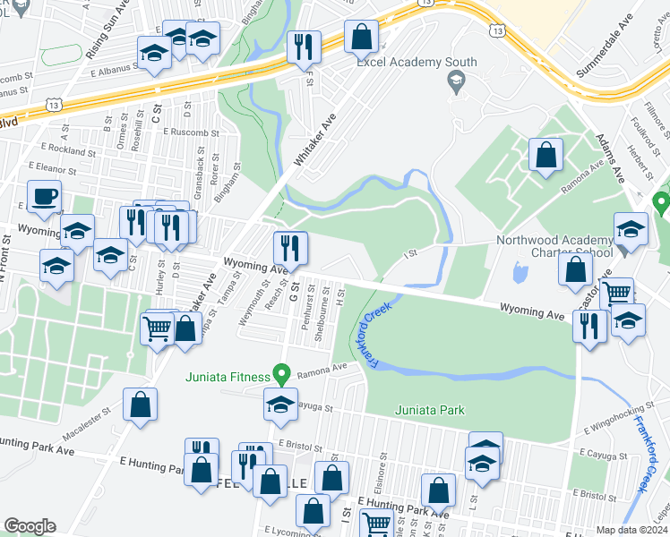 map of restaurants, bars, coffee shops, grocery stores, and more near 734 Maple Lane in Philadelphia