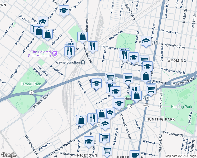 map of restaurants, bars, coffee shops, grocery stores, and more near 1920 Dennie Street in Philadelphia