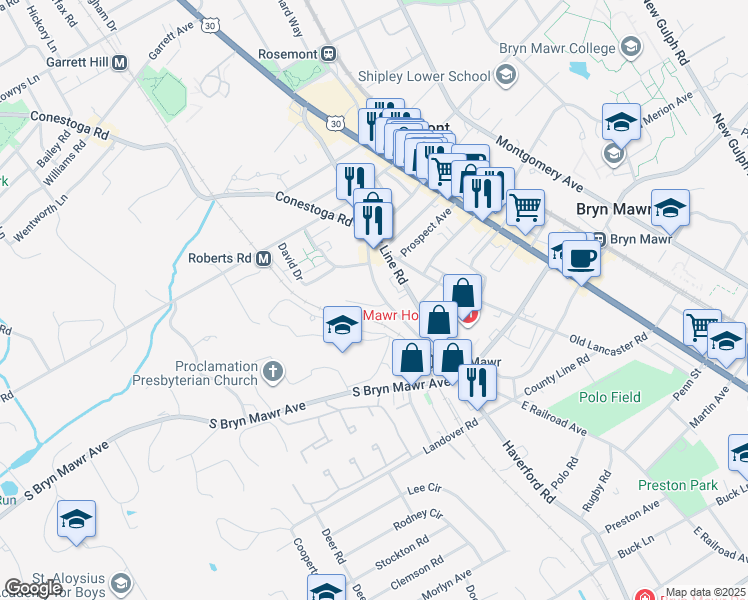 map of restaurants, bars, coffee shops, grocery stores, and more near 4 Beatrice Drive in Bryn Mawr
