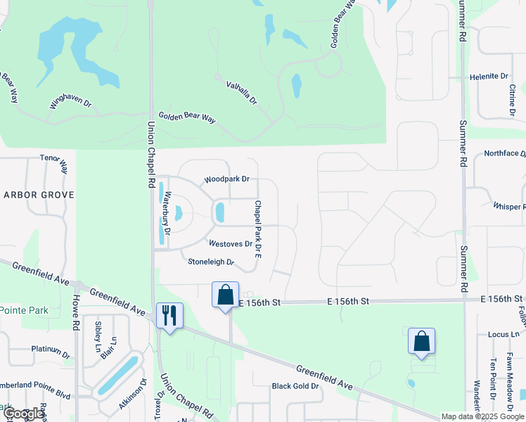 map of restaurants, bars, coffee shops, grocery stores, and more near 15892 Chapel Park Drive East in Noblesville