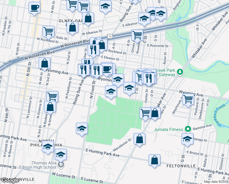map of restaurants, bars, coffee shops, grocery stores, and more near 4617 Ella Street in Philadelphia