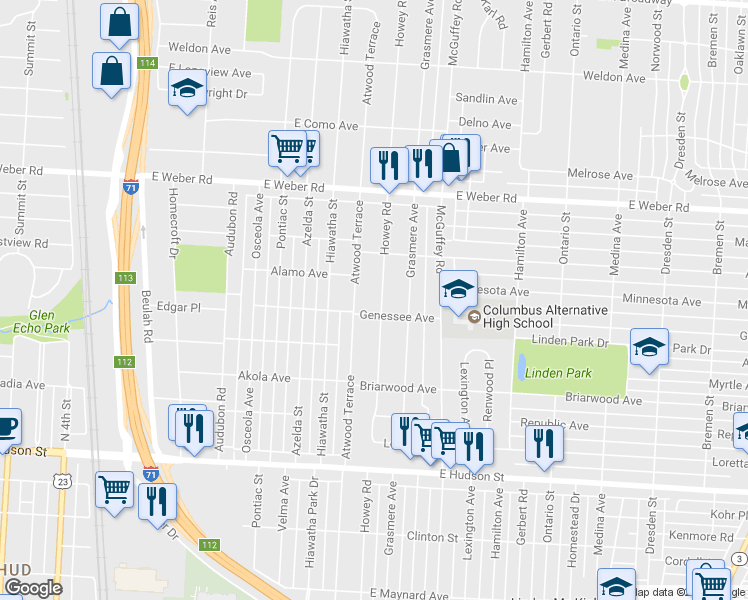 map of restaurants, bars, coffee shops, grocery stores, and more near 2673 Howey Road in Columbus