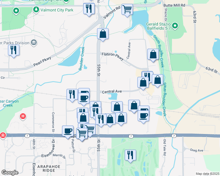 map of restaurants, bars, coffee shops, grocery stores, and more near 5541 Central Avenue in Boulder