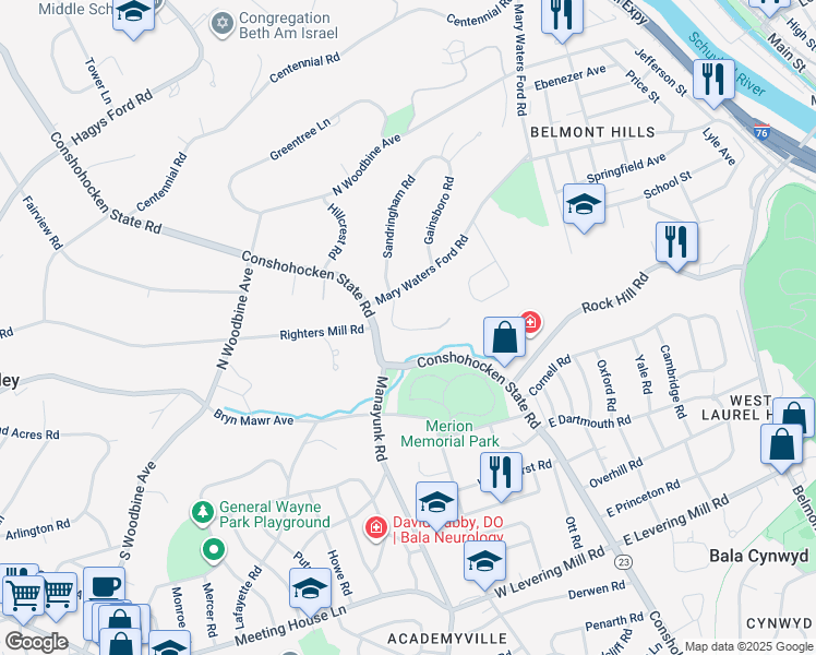map of restaurants, bars, coffee shops, grocery stores, and more near 29 Sandringham Road in Bala Cynwyd