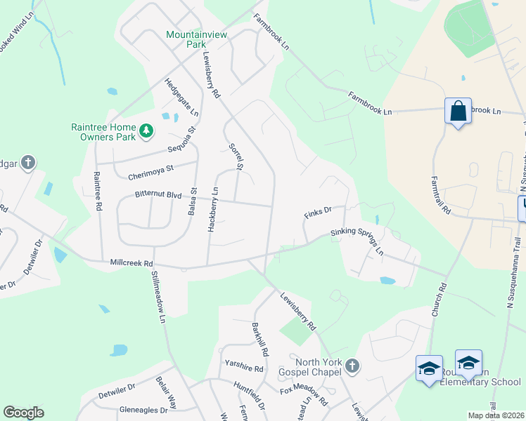 map of restaurants, bars, coffee shops, grocery stores, and more near 3400 Bitternut Boulevard in York