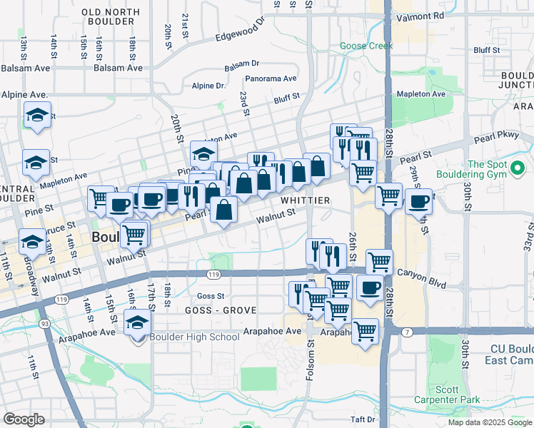 map of restaurants, bars, coffee shops, grocery stores, and more near 2235 Walnut Street in Boulder