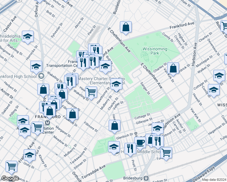 map of restaurants, bars, coffee shops, grocery stores, and more near 5229 Marlowe Street in Philadelphia