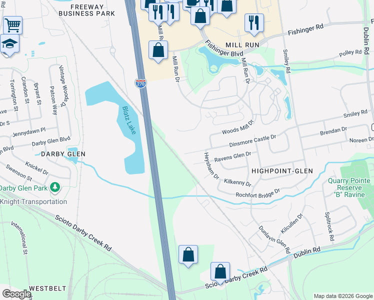 map of restaurants, bars, coffee shops, grocery stores, and more near 3816 Dinsmore Castle Drive in Columbus