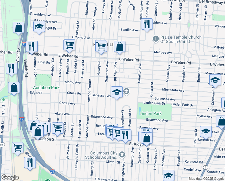 map of restaurants, bars, coffee shops, grocery stores, and more near 2663 Mcguffey Road in Columbus