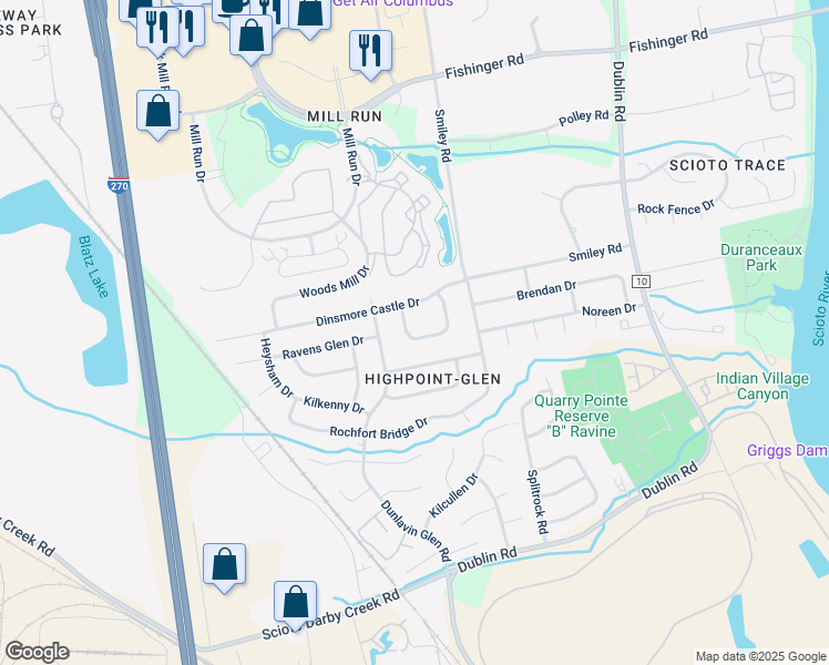 map of restaurants, bars, coffee shops, grocery stores, and more near 3260 Cairngorm Dr in Columbus