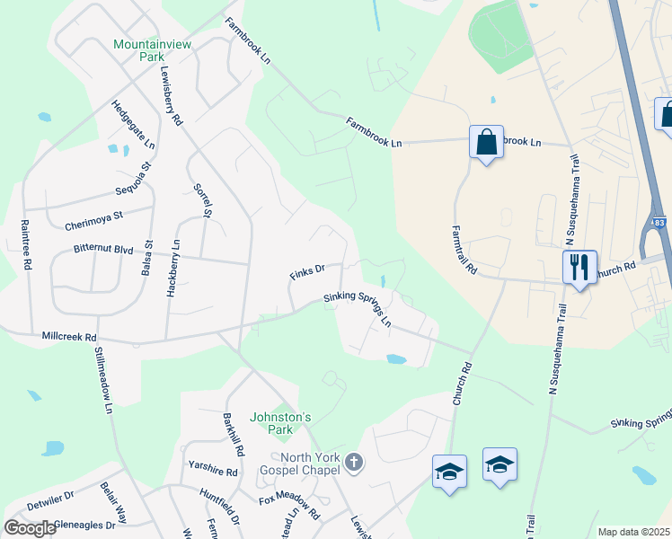 map of restaurants, bars, coffee shops, grocery stores, and more near 715 Finks Drive in York