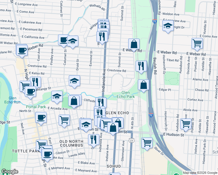 map of restaurants, bars, coffee shops, grocery stores, and more near 2763 Kensington Pl W in Columbus