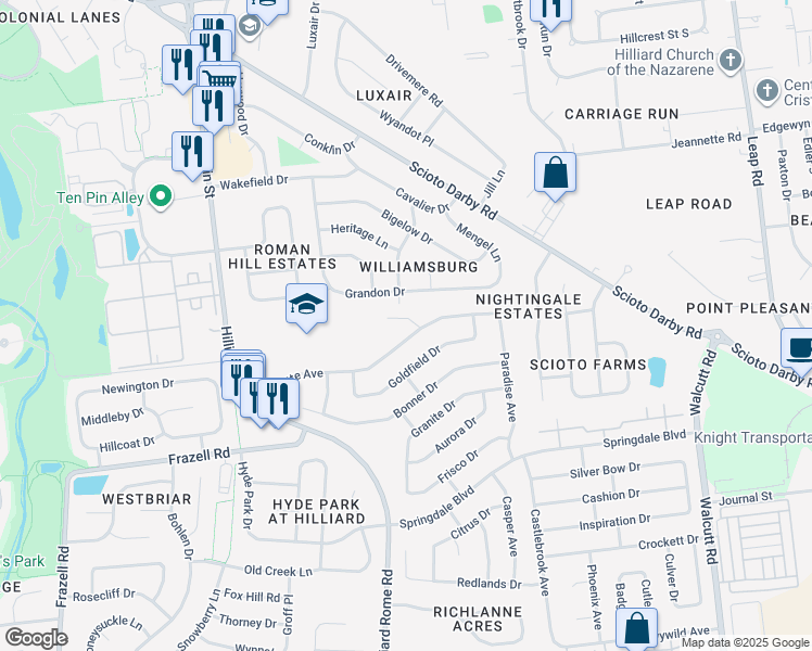 map of restaurants, bars, coffee shops, grocery stores, and more near 5257 Redmond Court in Hilliard