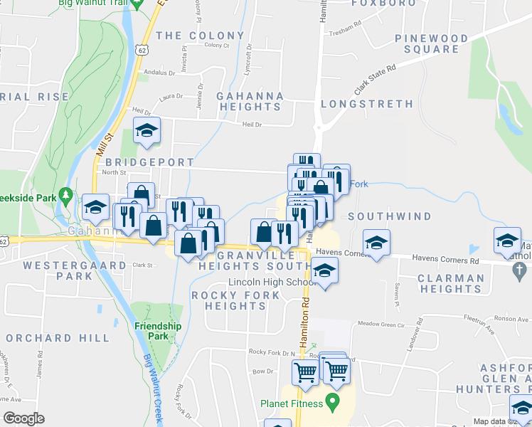 map of restaurants, bars, coffee shops, grocery stores, and more near 111 Rocky Creek Drive in Gahanna