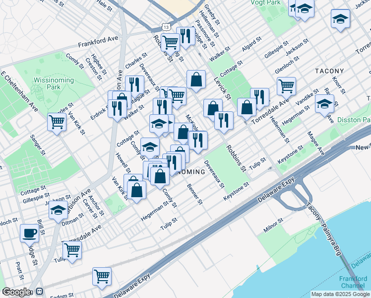 map of restaurants, bars, coffee shops, grocery stores, and more near 6135 Ditman Street in Philadelphia