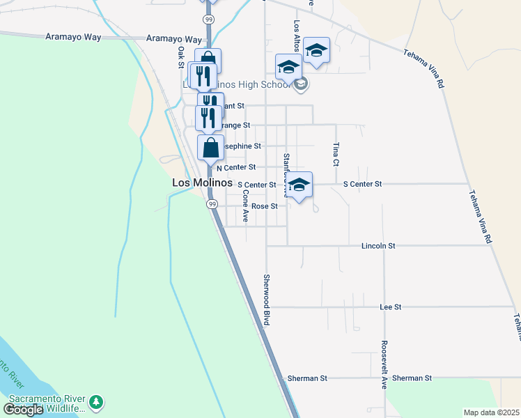 map of restaurants, bars, coffee shops, grocery stores, and more near 7701 Sherwood Boulevard in Los Molinos