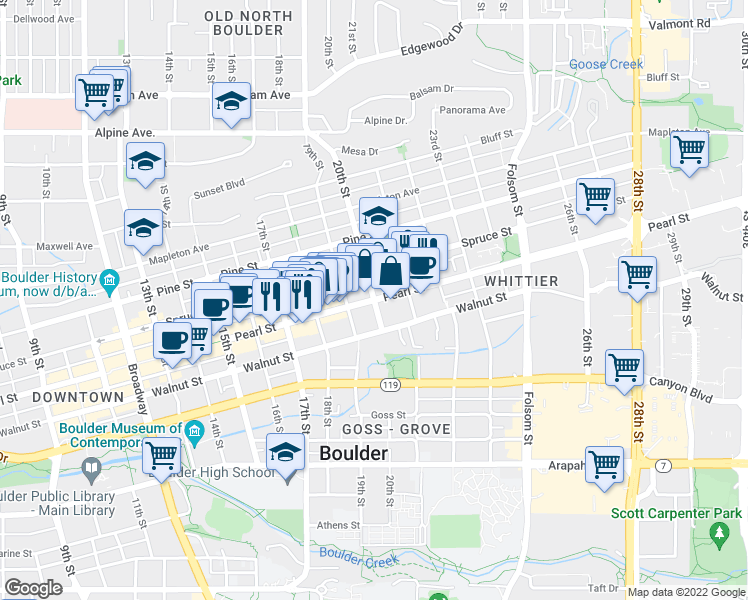 map of restaurants, bars, coffee shops, grocery stores, and more near Pearl St & 20th St in Boulder