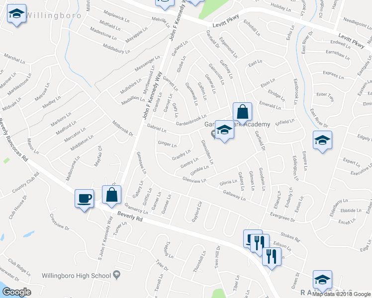 map of restaurants, bars, coffee shops, grocery stores, and more near 43 Granby Lane in Willingboro