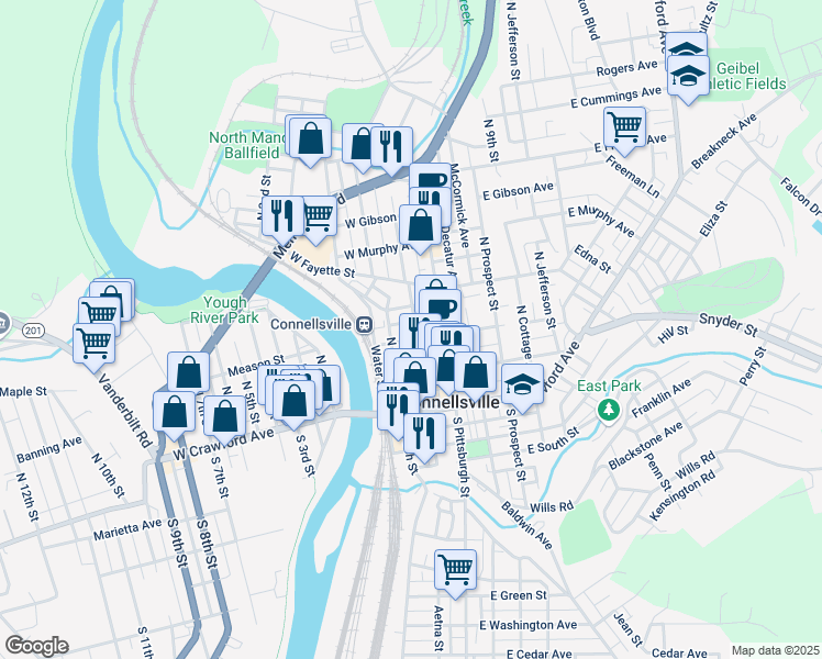 map of restaurants, bars, coffee shops, grocery stores, and more near 315 North Arch Street in Connellsville