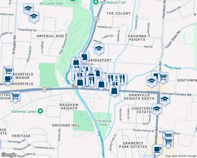 map of restaurants, bars, coffee shops, grocery stores, and more near 95 Shepard Street in Gahanna