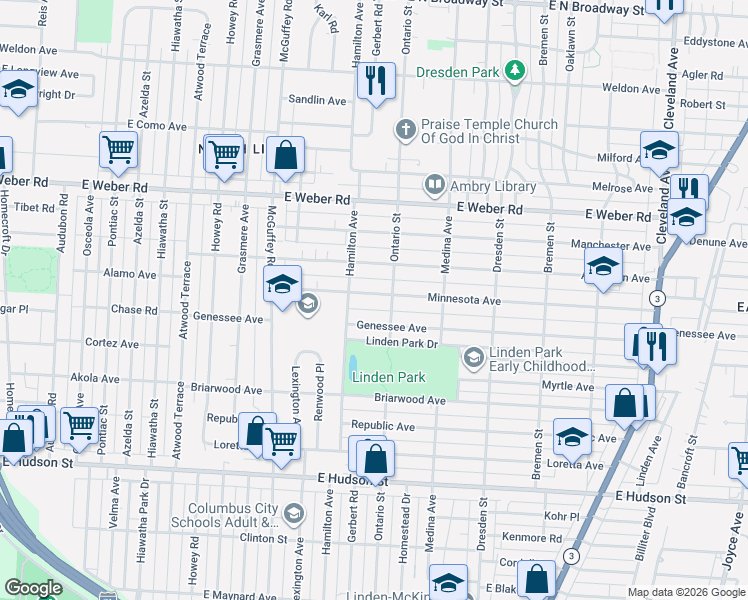 map of restaurants, bars, coffee shops, grocery stores, and more near 1273 Minnesota Avenue in Columbus