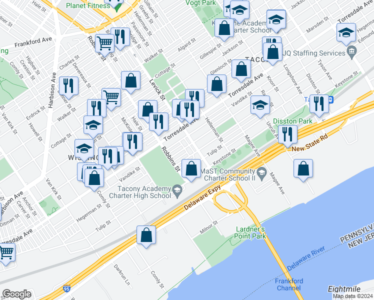 map of restaurants, bars, coffee shops, grocery stores, and more near 6349 Hegerman Street in Philadelphia