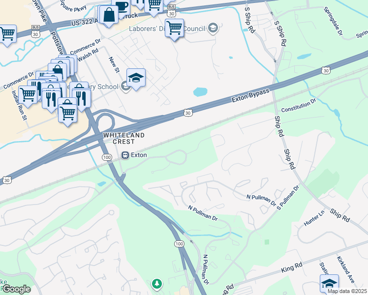 map of restaurants, bars, coffee shops, grocery stores, and more near 169 Mountain View Drive in West Chester