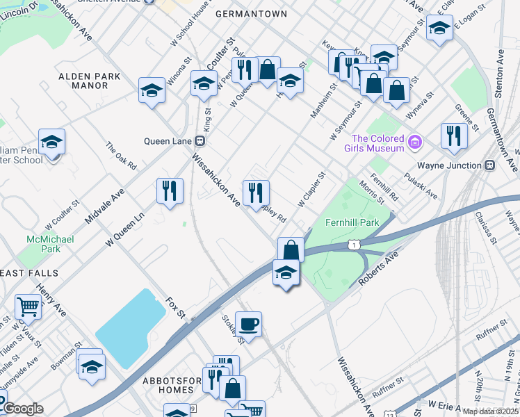 map of restaurants, bars, coffee shops, grocery stores, and more near 5046 Copley Road in Philadelphia