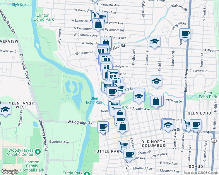 map of restaurants, bars, coffee shops, grocery stores, and more near 2845 North High Street in Columbus