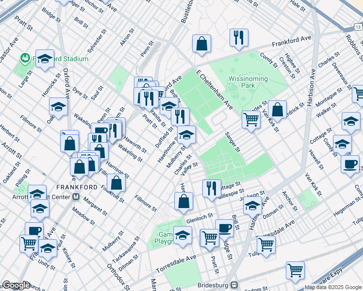 map of restaurants, bars, coffee shops, grocery stores, and more near 5229 Marlowe Street in Philadelphia